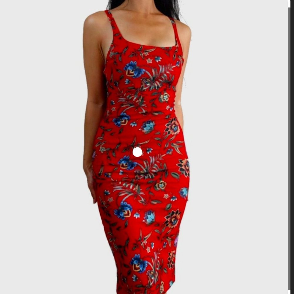 Zara Spring Summer 2017 Boho Red Floral Body Con Dress SZ L
